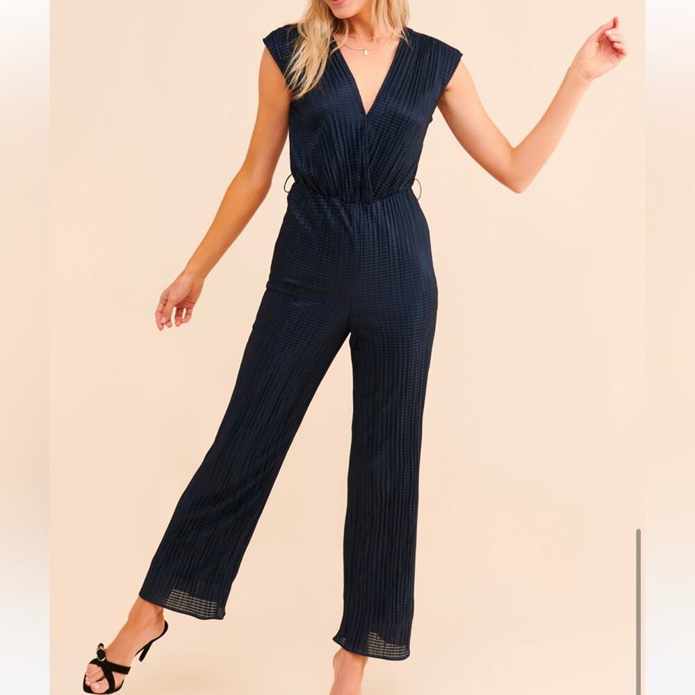 Monique Lhuillier navy plisse pleated windowpane surplice sleeveless jumpsuit